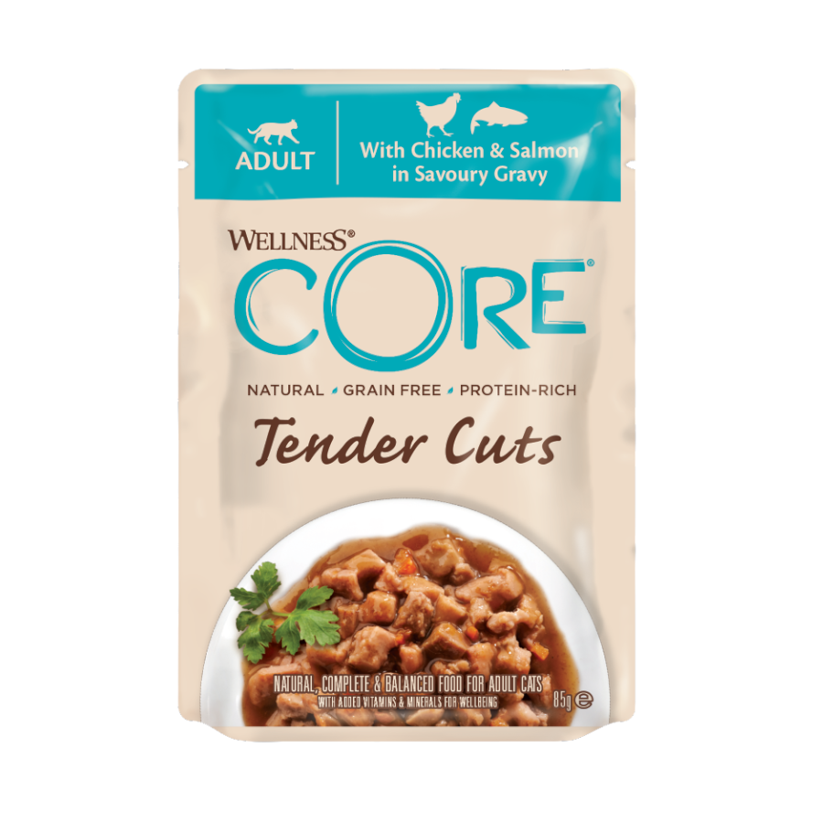 Wellness Core Tender Cuts pollo y salmón sobre en salsa para gatos, , large image number null